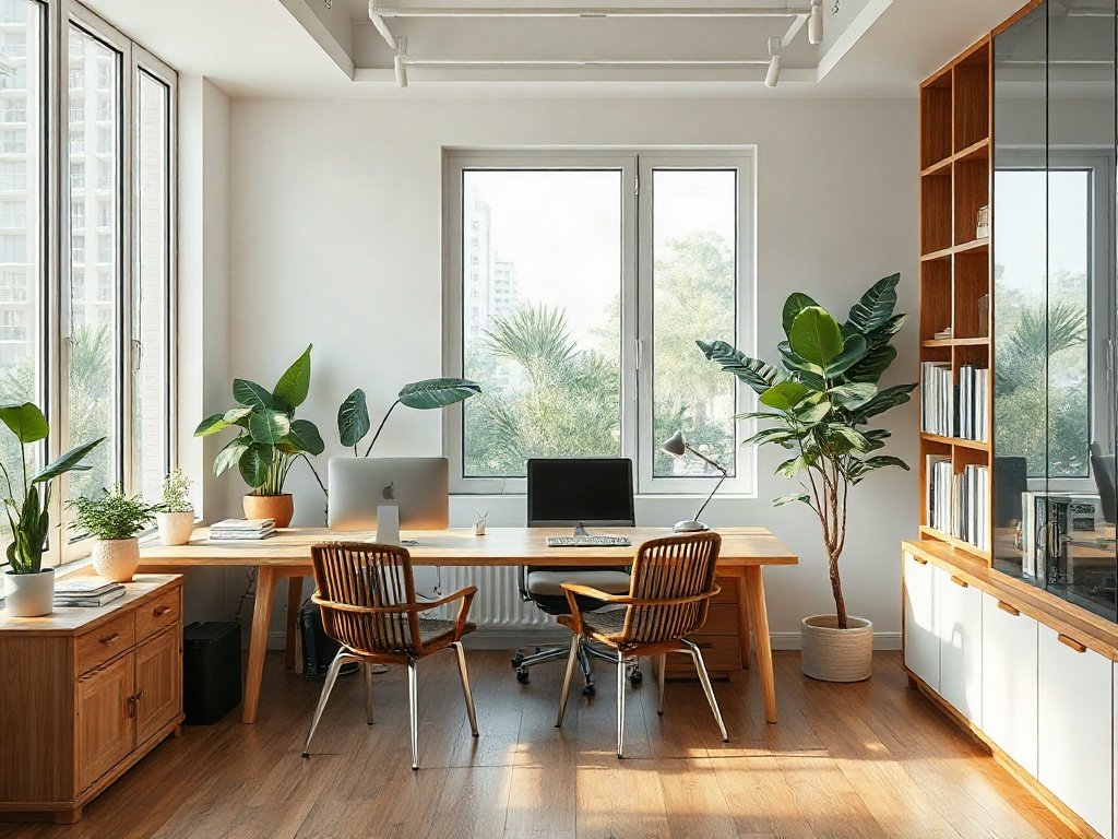 Không gian làm việc hiện đại Việt Nam với nội thất gỗ và ánh sáng tự nhiên