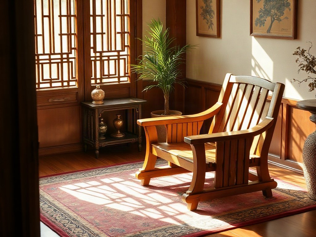 Ghế thư giãn gỗ trong phòng theo chủ đề truyền thống Việt Nam.