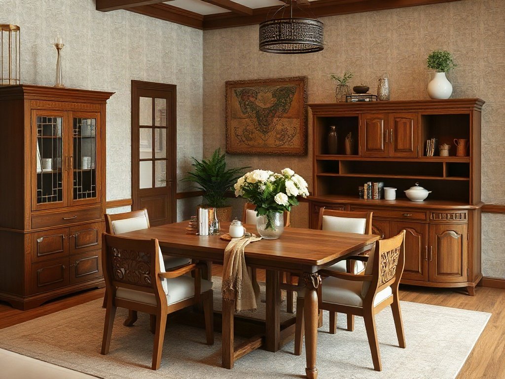 Phòng ăn với bộ đồ gỗ và tủ lưu trữ kiểu Việt Nam