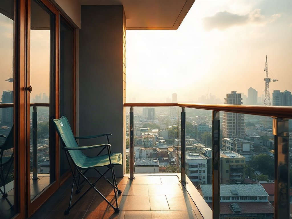 Ban công nhìn ra thành phố Việt Nam với ghế xếp