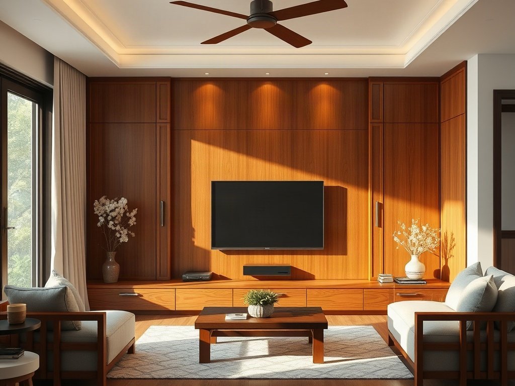 Kệ tivi gỗ sang trọng trong ngôi nhà Việt Nam, ánh sáng mặt trời