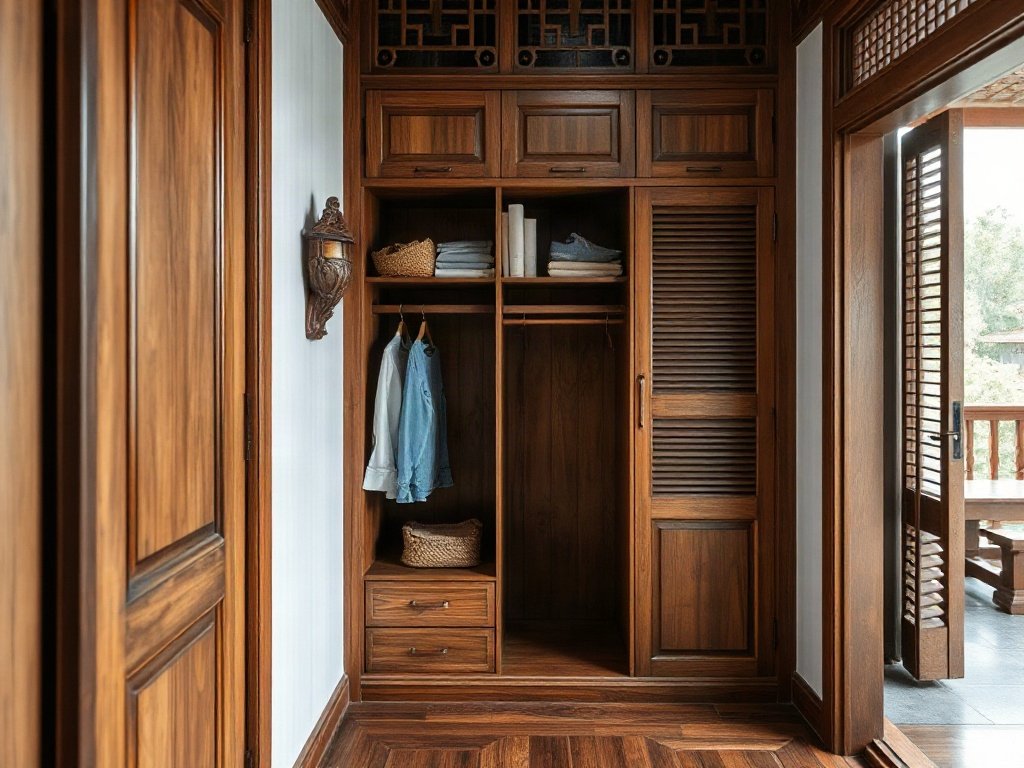 Trang trí nội thất gỗ truyền thống tại Việt Nam, tủ quần áo gọn gàng, ánh sáng tự nhiên