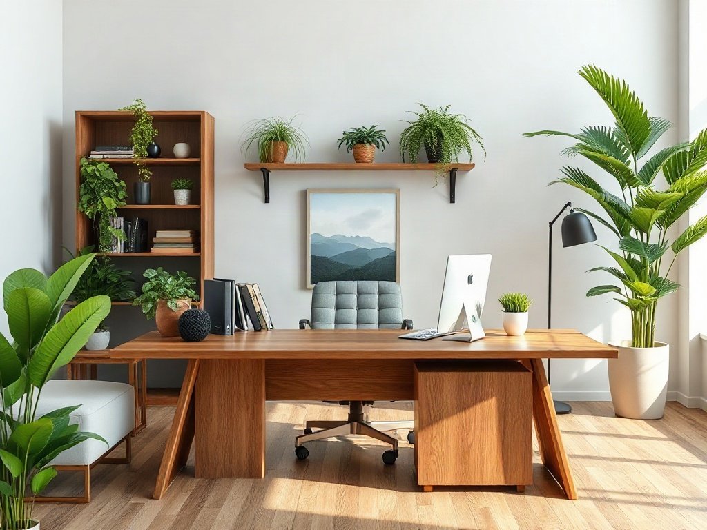 Phòng làm việc với bàn gỗ cao cấp và cây xanh tạo môi trường yên bình