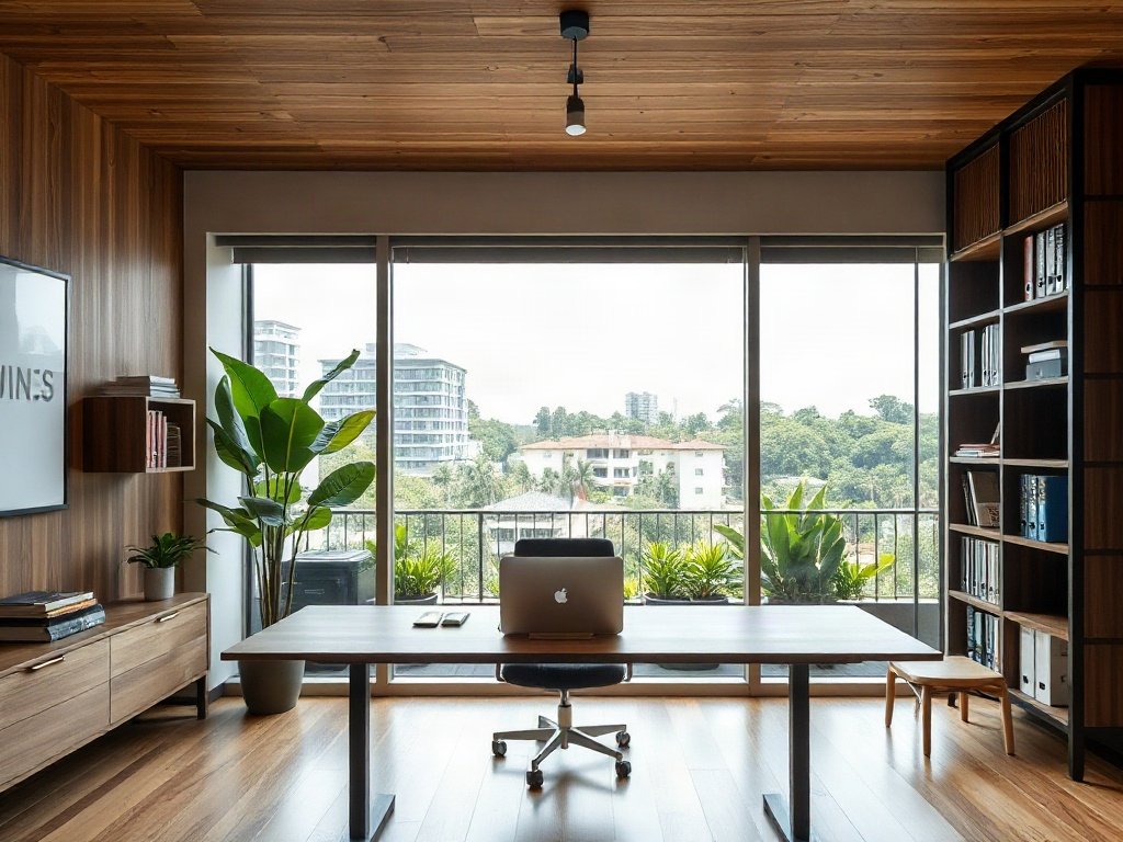 Văn phòng Việt Nam hiện đại với bàn gỗ công phu