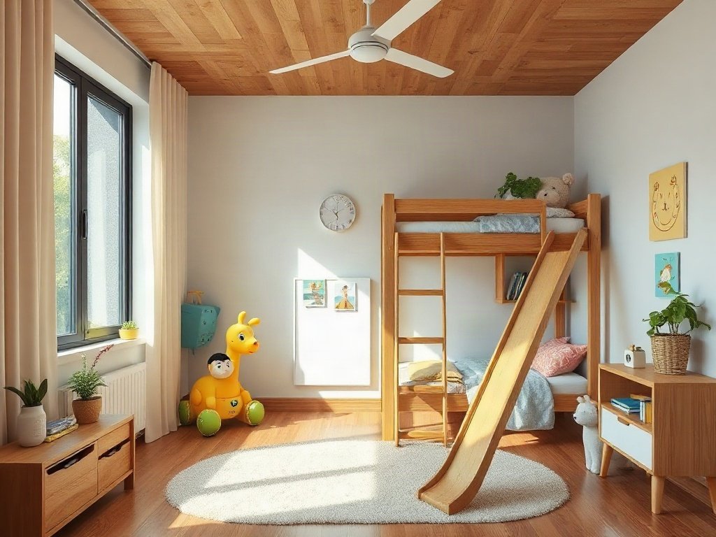 Phòng trẻ em hiện đại và vui nhộn với giường tầng gỗ có cầu trượt tại Việt Nam