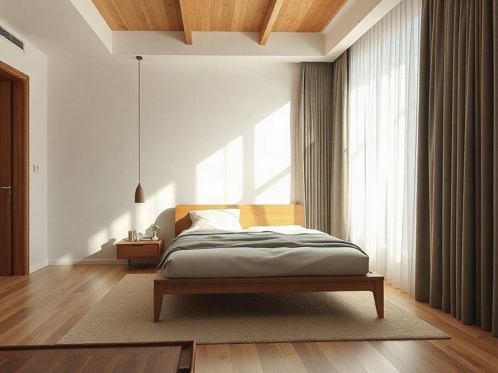 Thiết kế giường gỗ tối giản trong phòng rộng rãi Việt Nam, ánh sáng mặt trời