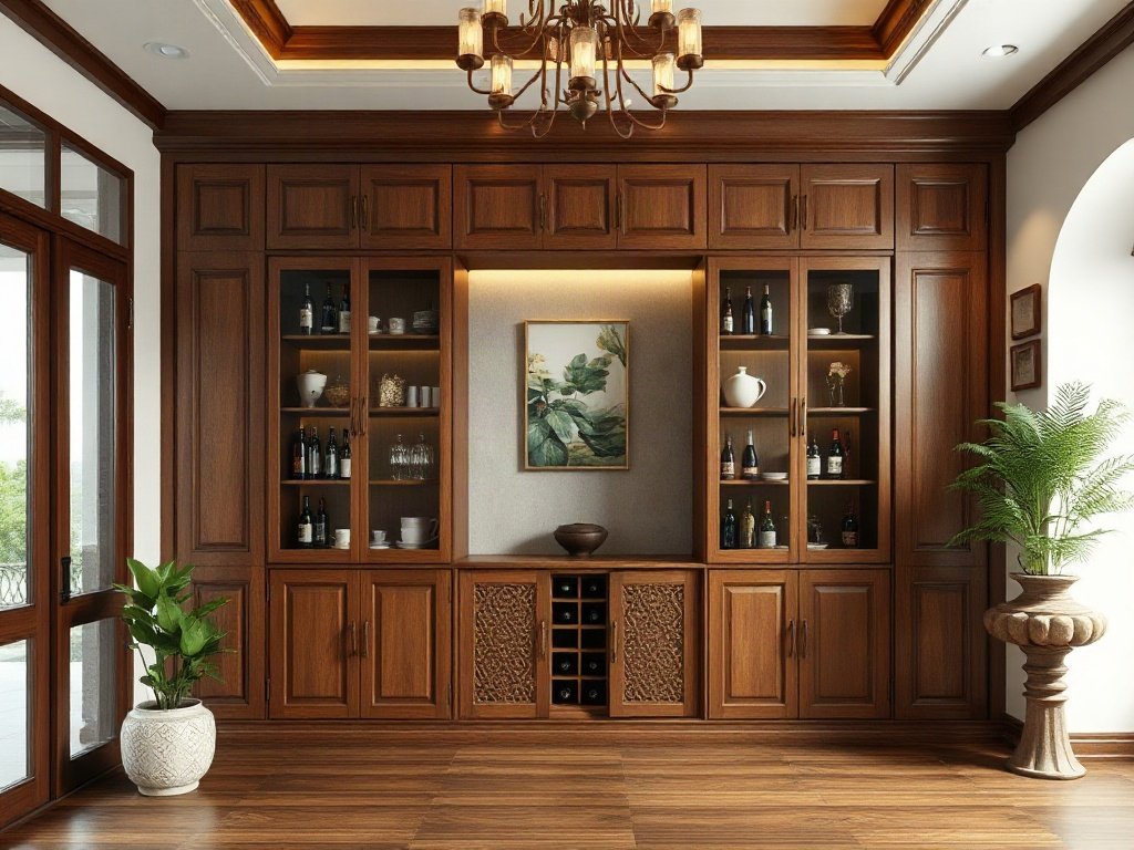 Ngôi nhà phong cách truyền thống Việt trang trí bằng tủ rượu gỗ