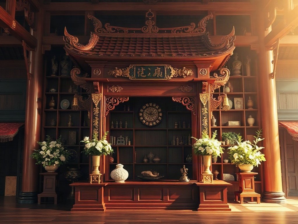 Bàn thờ gỗ sáng bóng trong môi trường truyền thống Việt
