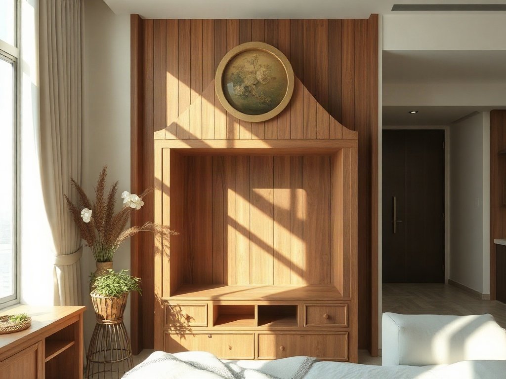 Bàn thờ gỗ hiện đại trong căn hộ thành phố Việt Nam nổi bật ánh sáng mặt trời