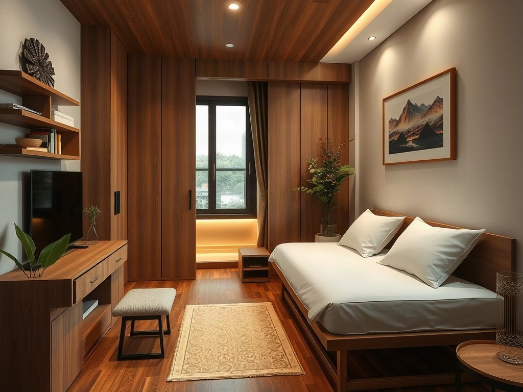 Căn hộ nhỏ Việt Nam bày giường xếp thanh lịch, phong cách photorealistic
