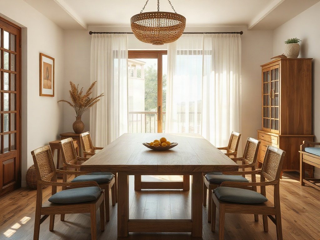 Phòng ăn Việt Nam với bàn ăn gỗ tự nhiên.