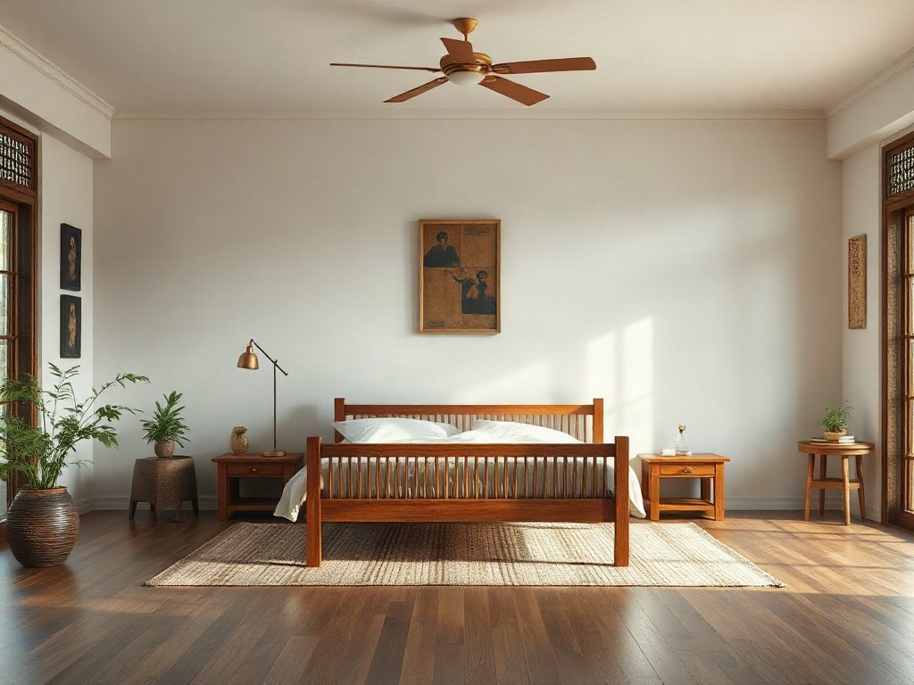 Không gian nội thất rộng rãi với giường gỗ, phong cách Việt Nam