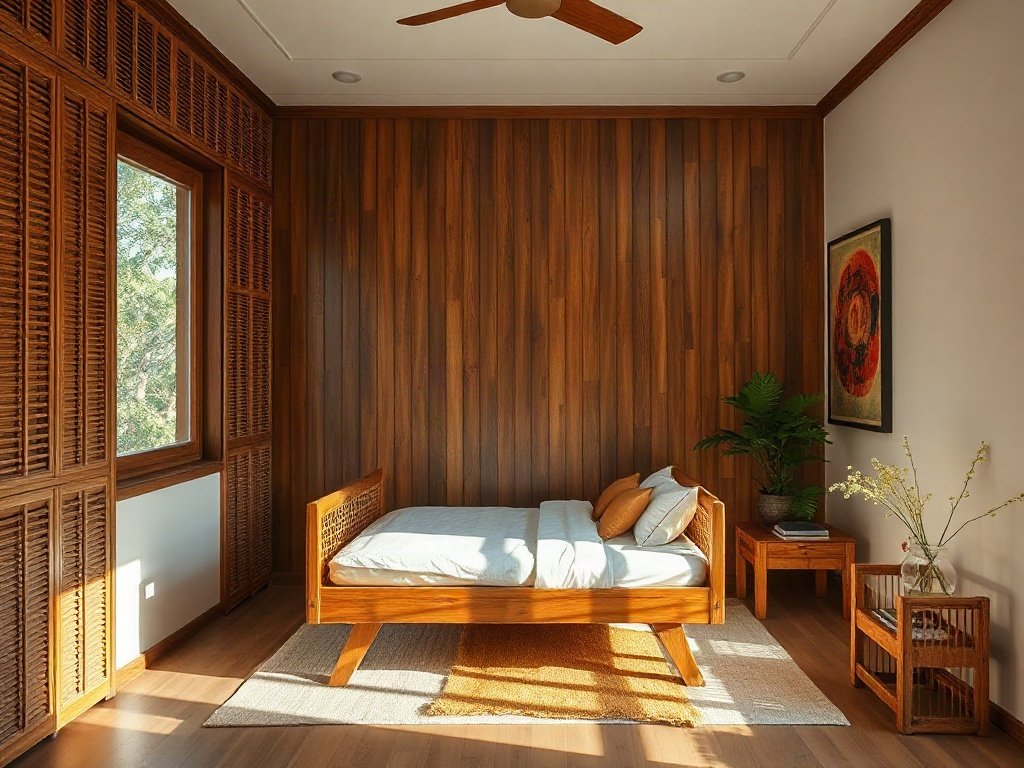 Phòng phong cách Việt Nam với giường xếp gỗ, ánh sáng ban ngày