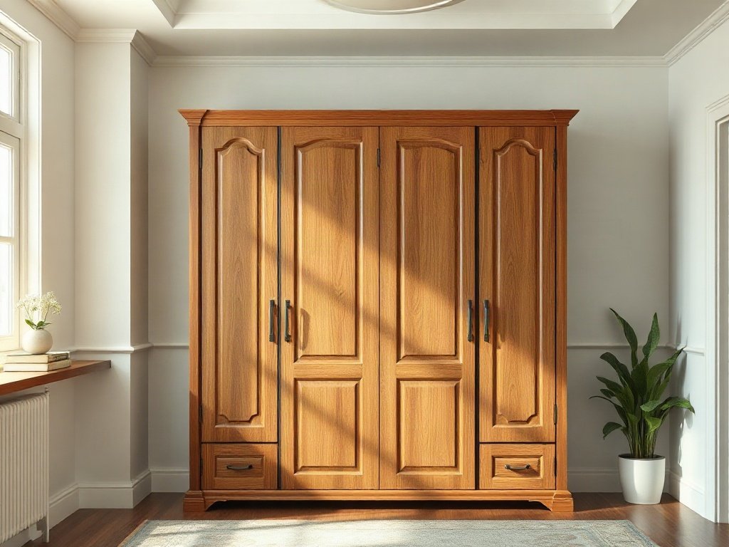 Tủ quần áo gỗ trong phòng sáng tự nhiên, không gian Việt