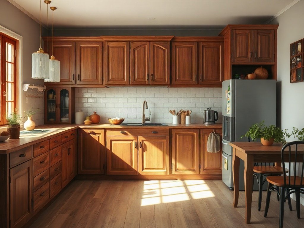 Nhà bếp mộc mạc với tủ gỗ, phong cách Việt Nam
