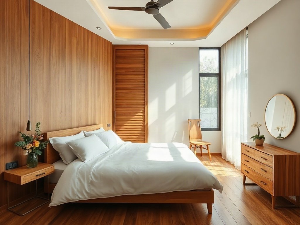Phòng ngủ tối giản với nội thất gỗ, ánh sáng tự nhiên