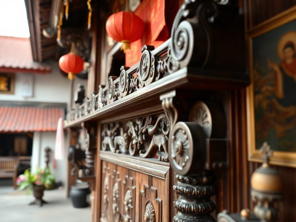 Chi tiết điêu khắc trên bàn thờ gỗ với nền nội thất truyền thống
