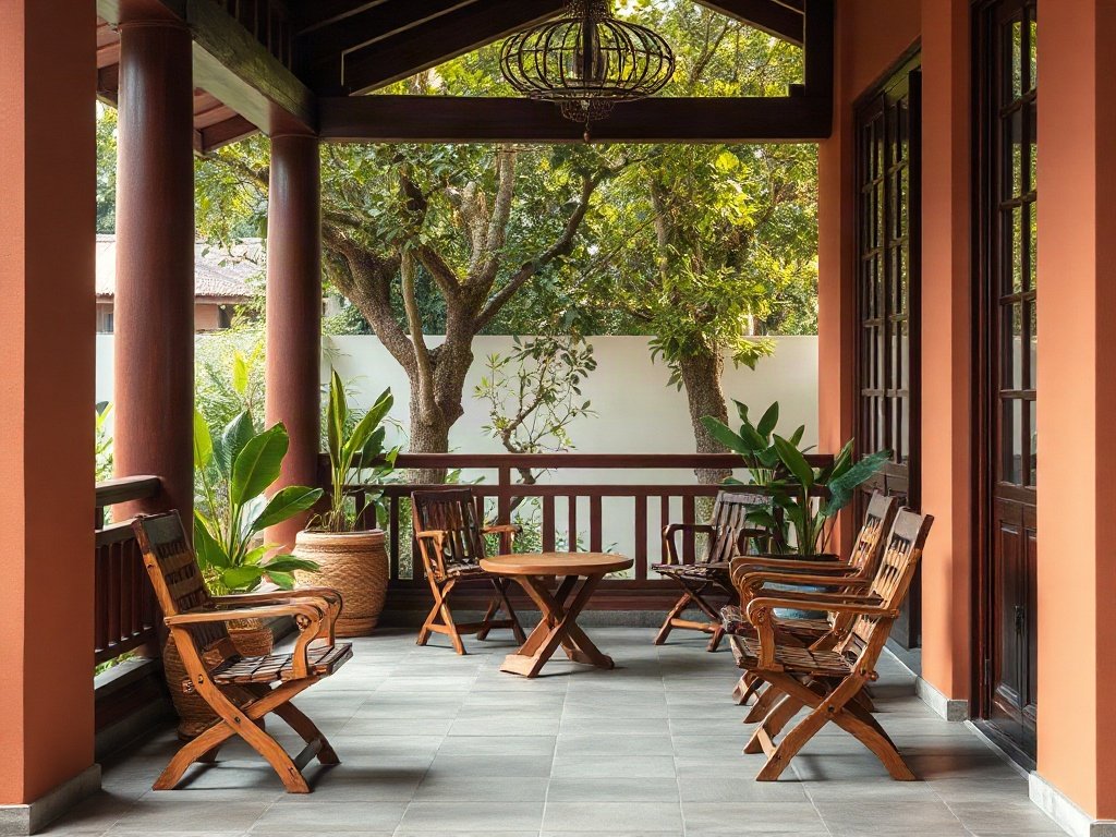 Sân hiên truyền thống Việt Nam với ghế xếp gỗ