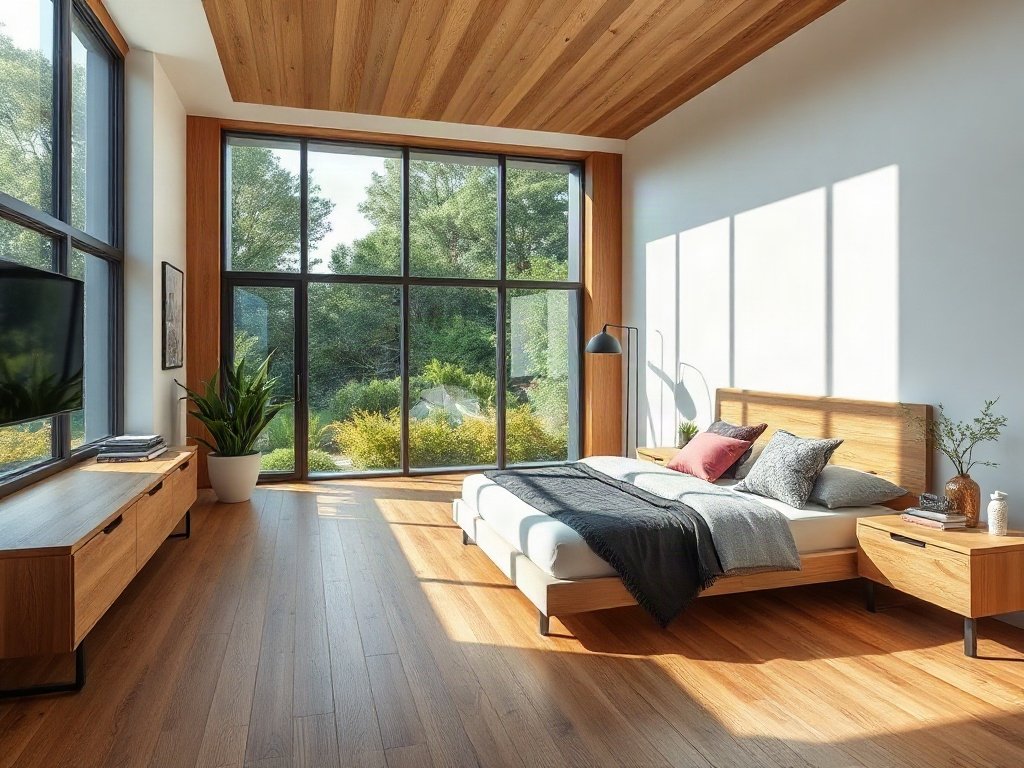 Phòng ngủ hiện đại với sàn gỗ, ánh sáng tự nhiên chiếu vào