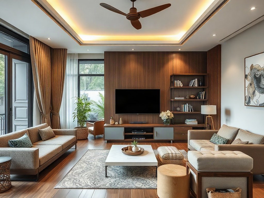 Phòng khách rộng rãi với tủ tivi đa chức năng, kiến trúc Việt