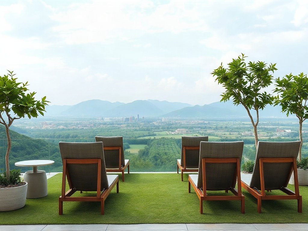 Không gian vườn với ghế inox thư giãn