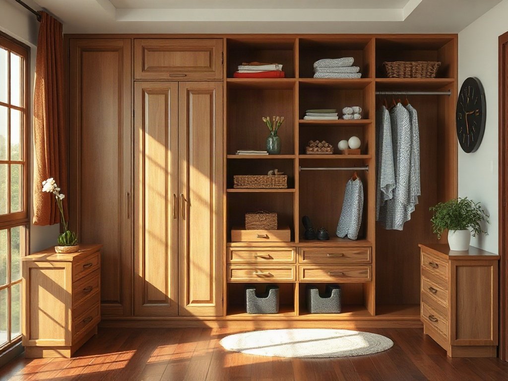 Hình ảnh tủ quần áo gỗ được tổ chức tốt, yếu tố Việt Nam, ánh sáng tự nhiên
