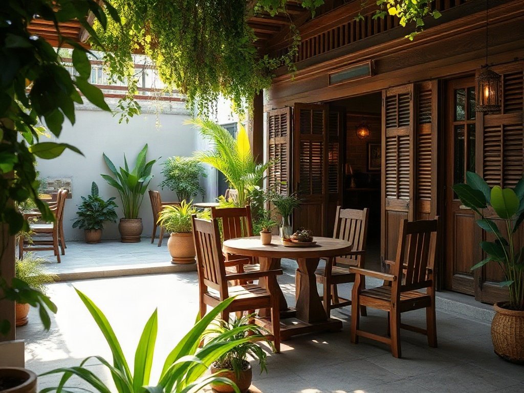 Khu vực hiên truyền thống Việt Nam với bàn ghế gỗ