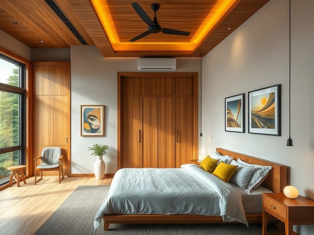 Phòng ngủ gỗ hiện đại ở Việt Nam với đồ trang trí nghệ thuật và ánh sáng tự nhiên