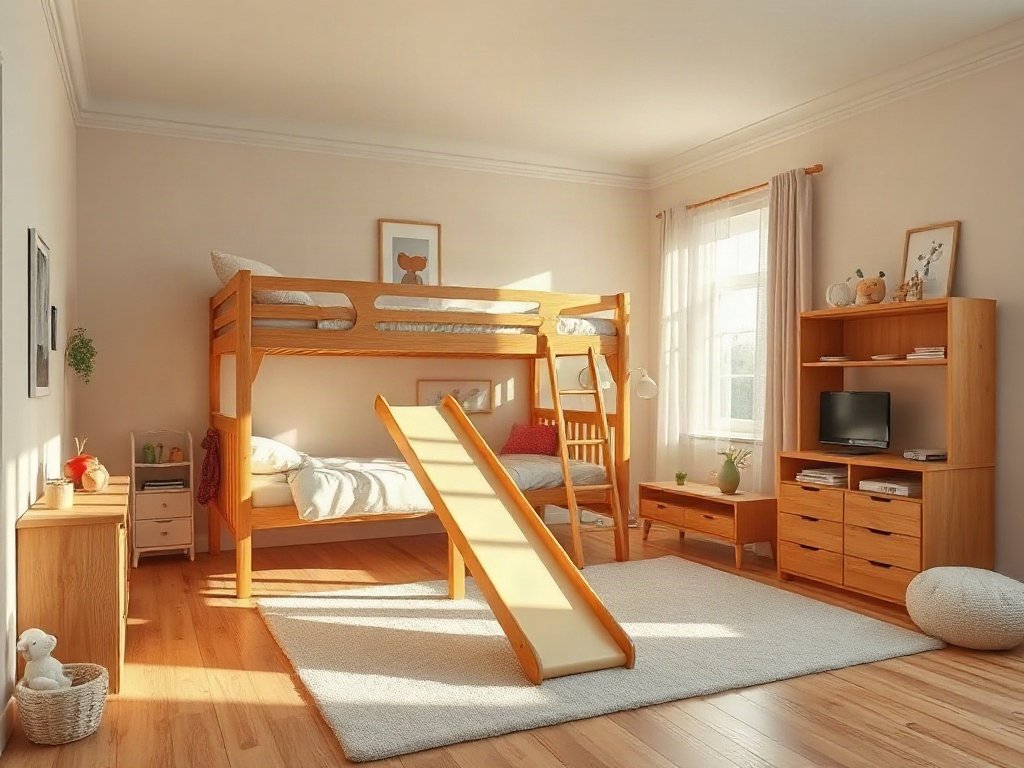 Phòng ngủ trẻ với giường tầng gỗ và cầu trượt, ánh sáng tự nhiên thực tế