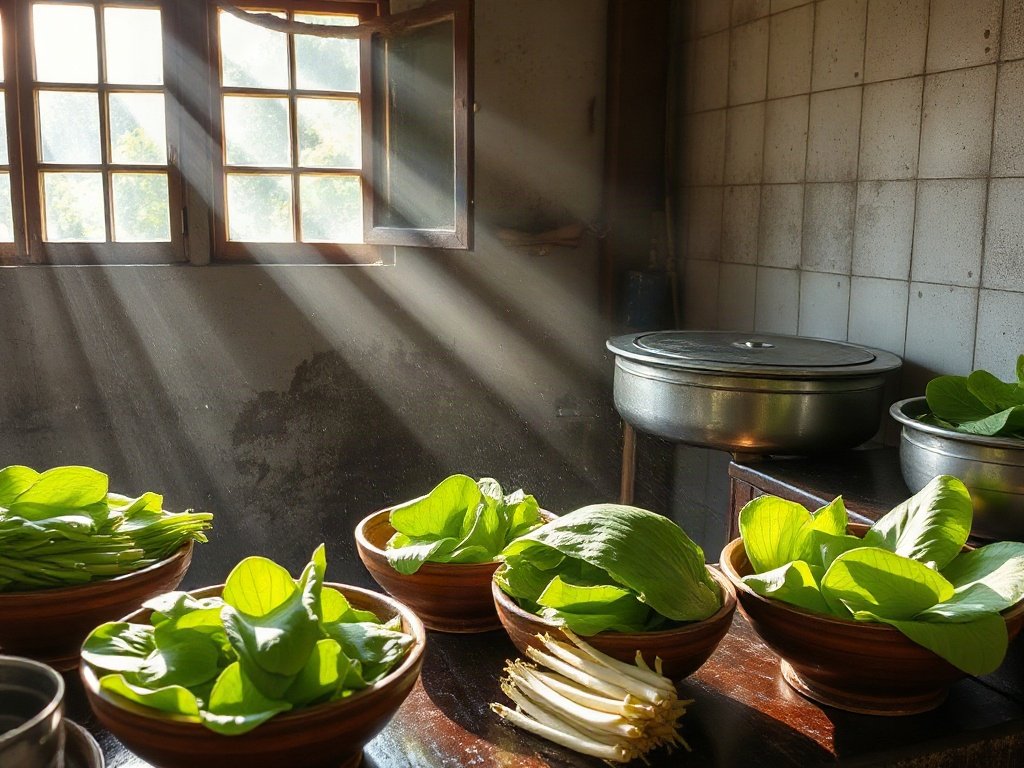 Nhà bếp truyền thống Việt Nam với rau tươi đang được rửa