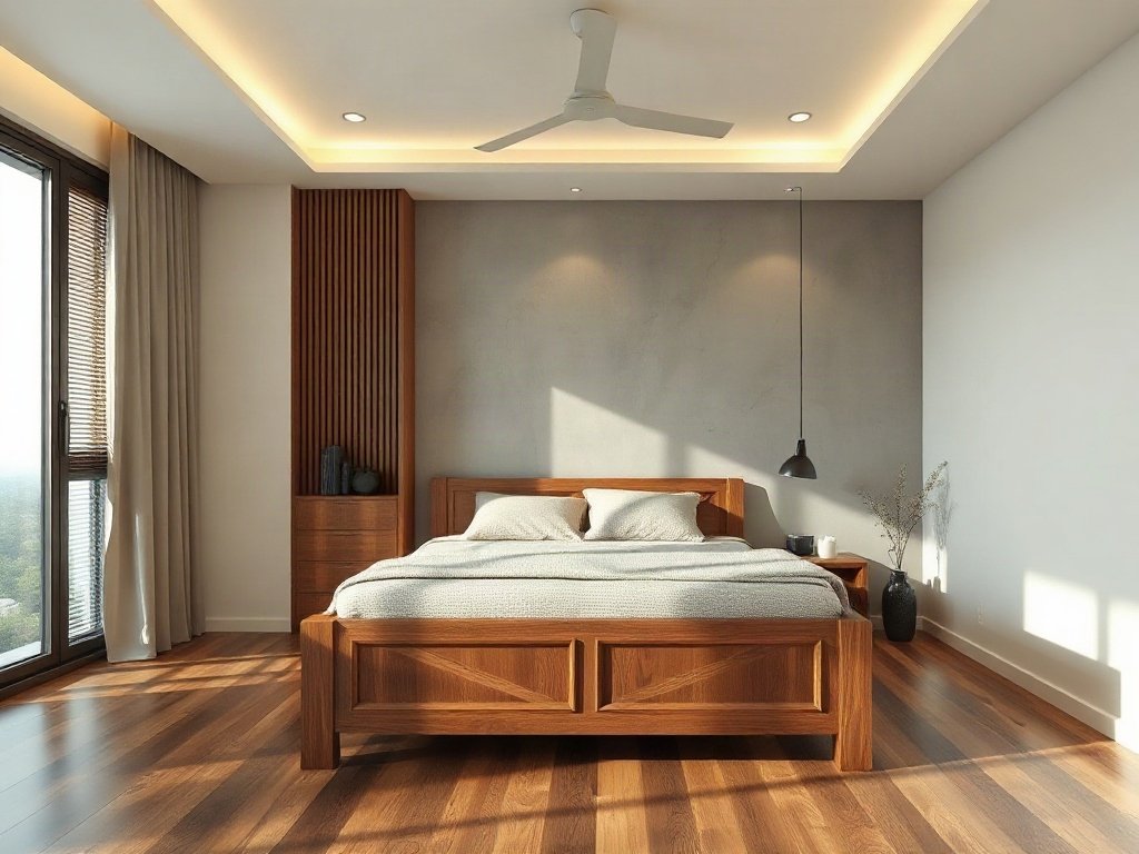 Nội thất phòng ngủ tối giản với giường gỗ tại Việt Nam