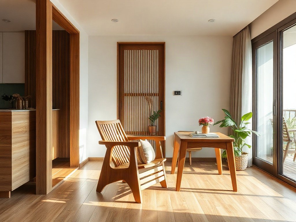 Ghế gỗ thiết kế nghệ thuật trong nhà tối giản Việt