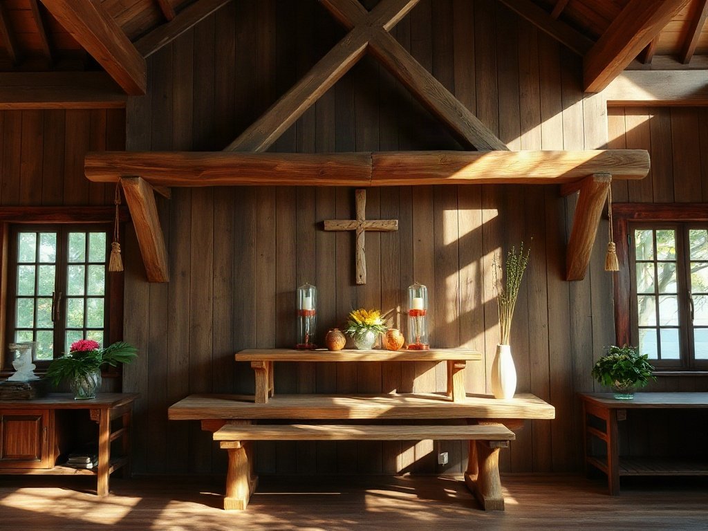 Bàn thờ gỗ mộc mạc với thiết kế đơn giản trong nhà quê Việt Nam ánh nắng tự nhiên