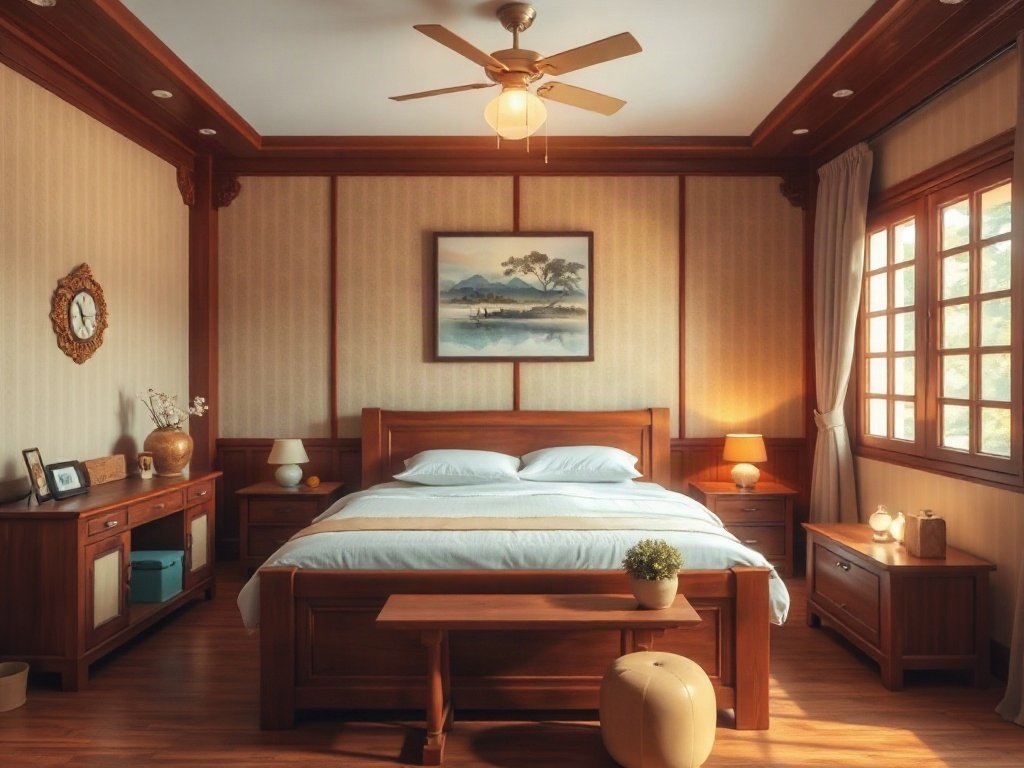 Phòng ngủ Việt Nam với giường gỗ và trang trí.