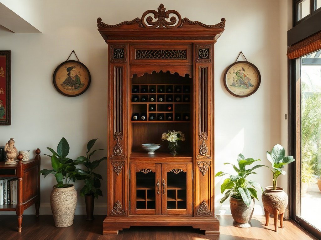 Tủ rượu gỗ tinh xảo trong không gian Việt