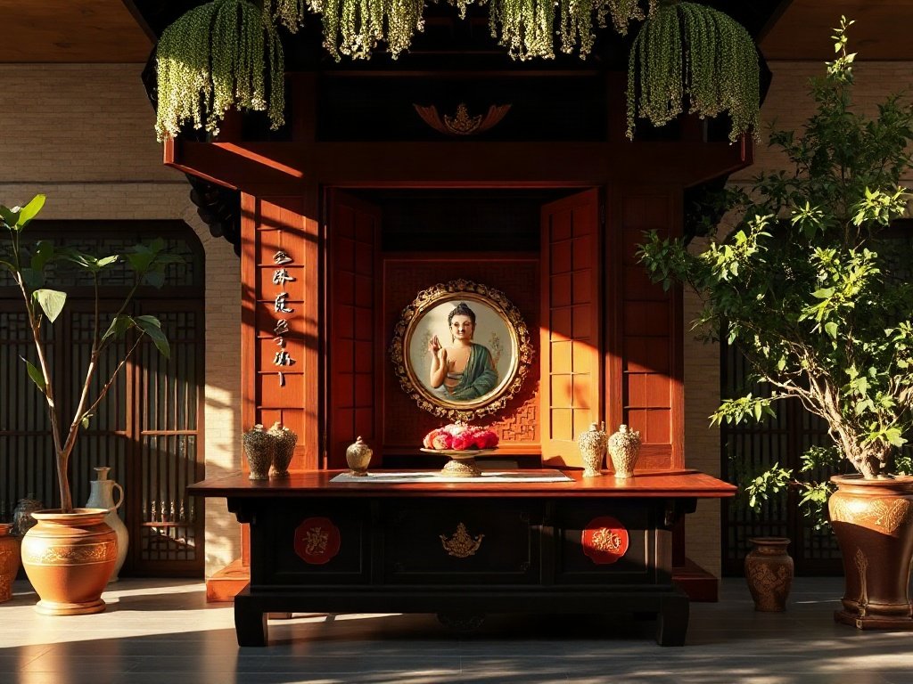 Bàn thờ gỗ Việt Nam với sơn đỏ nhạt sáng trong ánh sáng buổi sáng