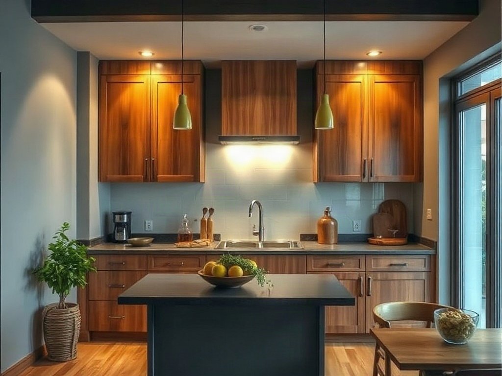 Nhà bếp Việt Nam với tủ gỗ và ánh sáng dịu nhẹ