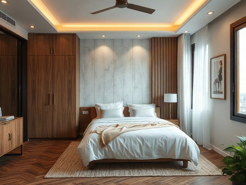 Phòng ngủ hiện đại với ghế gỗ đa năng thành giường
