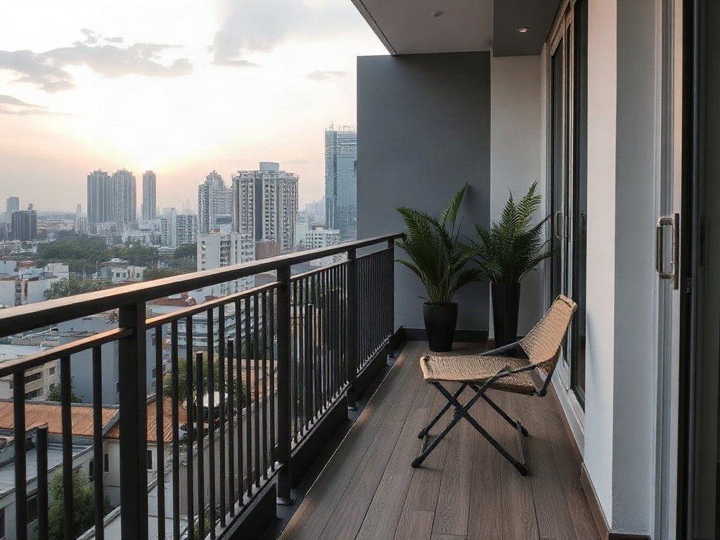 Ban công chung cư Việt Nam với ghế inox