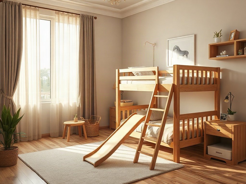Cảnh phòng trẻ em tại Việt Nam với giường tầng và cầu trượt, ánh sáng tự nhên ấm áp