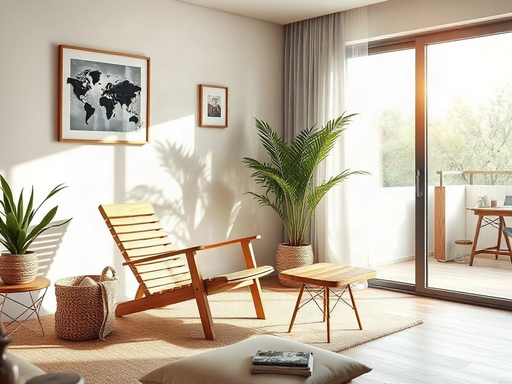 Không gian sống hiện đại với ghế dài gỗ photorealistic, ánh sáng cửa sổ