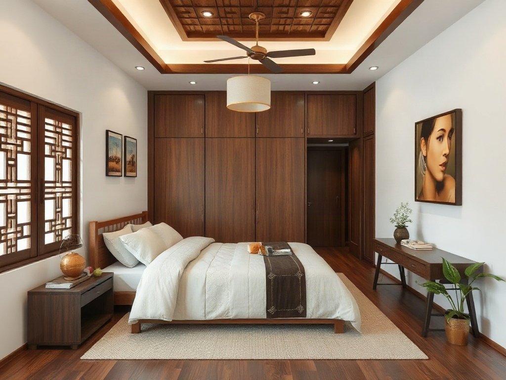 Phòng ngủ thiết kế Việt Nam truyền thống với yếu tố gỗ