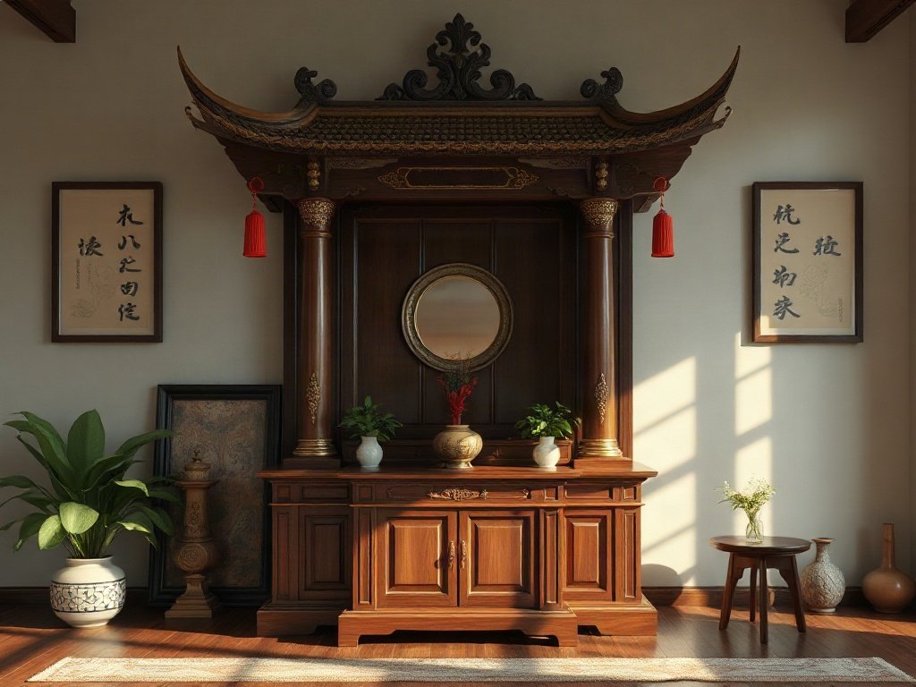 Hình ảnh chân thực chi tiết của tủ thờ gỗ truyền thống Việt Nam trong ngôi nhà