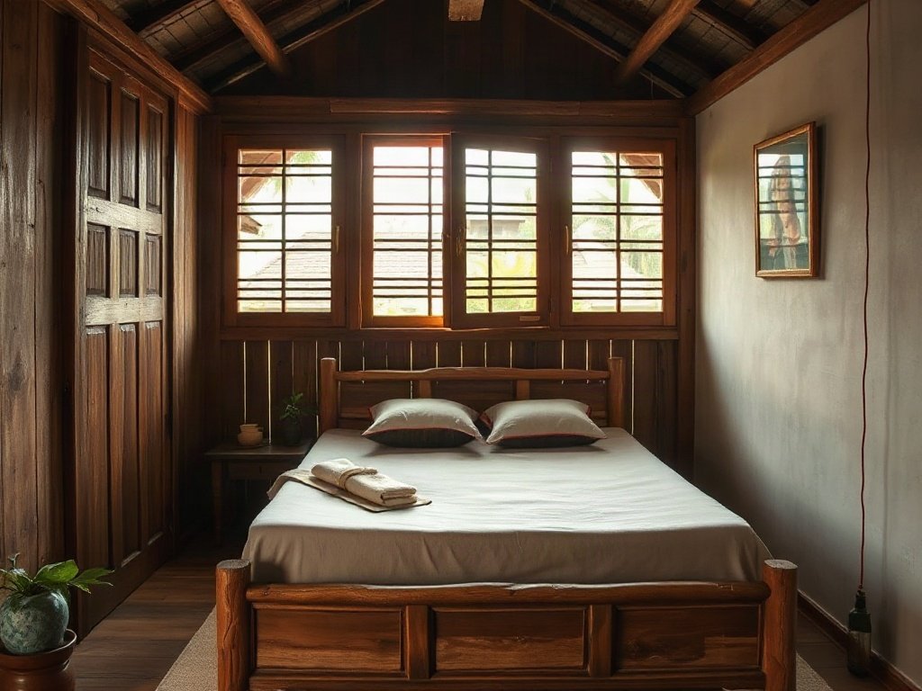 Giường gỗ mộc mạc trong phòng ngủ nông thôn Việt Nam, ánh sáng ấm áp