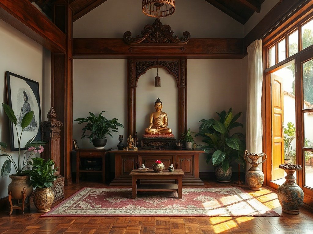 Bàn thờ gỗ sang trọng cho không gian thờ cúng tại gia ở Việt Nam ánh sáng