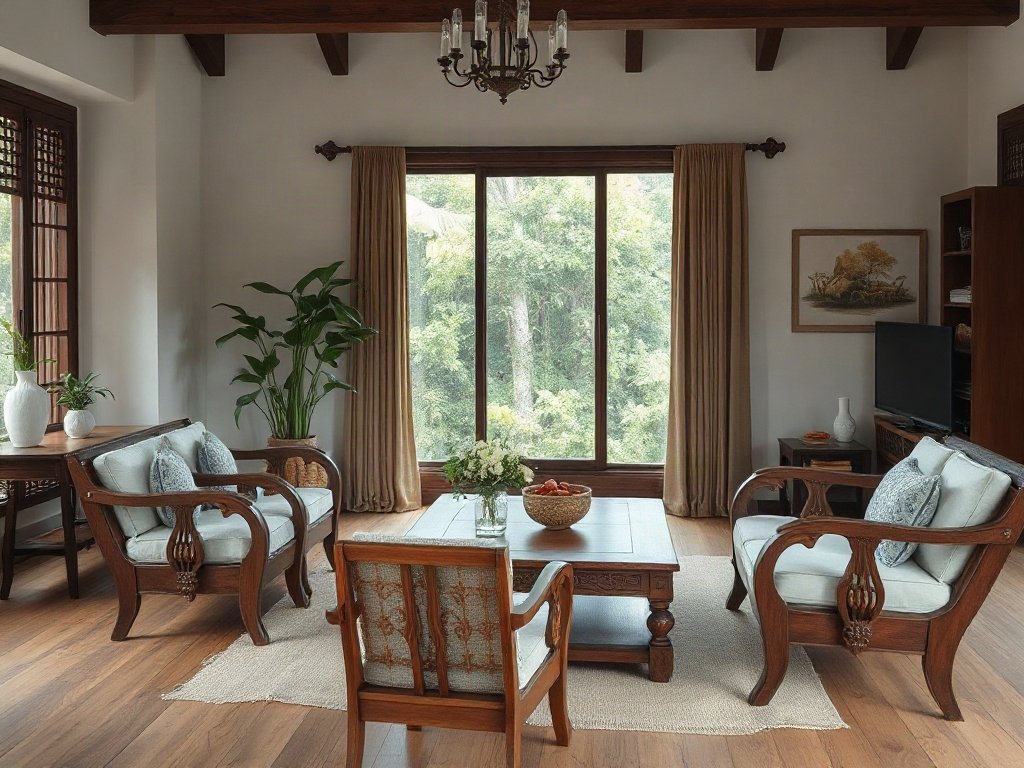 Phòng khách Việt Nam với nội thất gỗ chân thực và ánh sáng tự nhiên