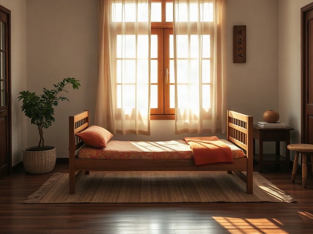Giường xếp gỗ trong bối cảnh phòng ngủ yên bình Việt Nam, ánh sáng ban mai