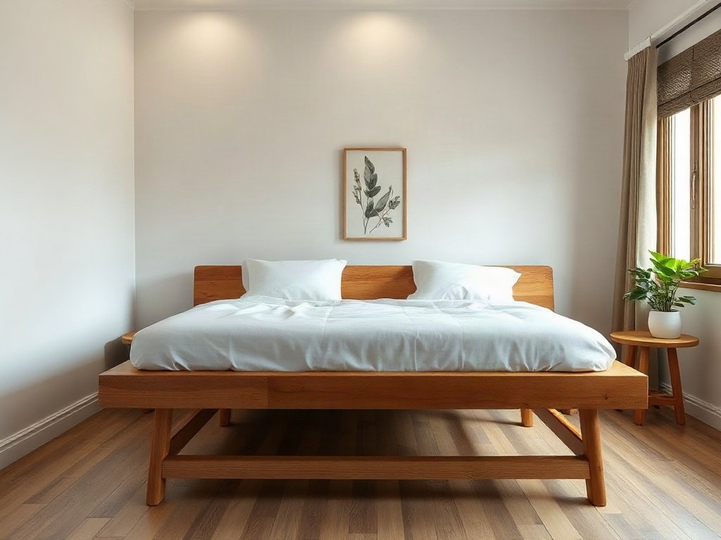 Giường xếp gỗ trong phòng tối giản, phong cách Việt Nam