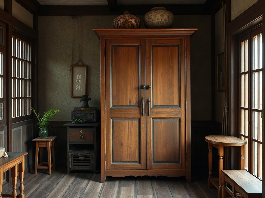 Không gian truyền thống Việt Nam với tủ quần áo gỗ