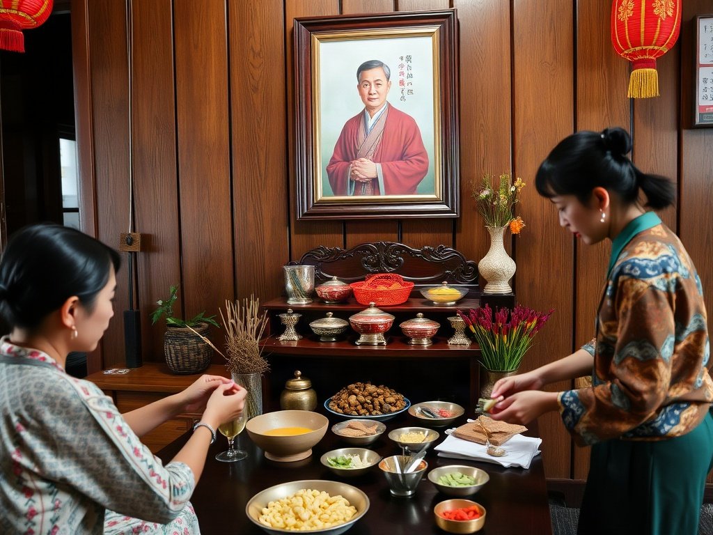 Gia đình Việt Nam bày trí lễ vật trên bàn thờ gỗ